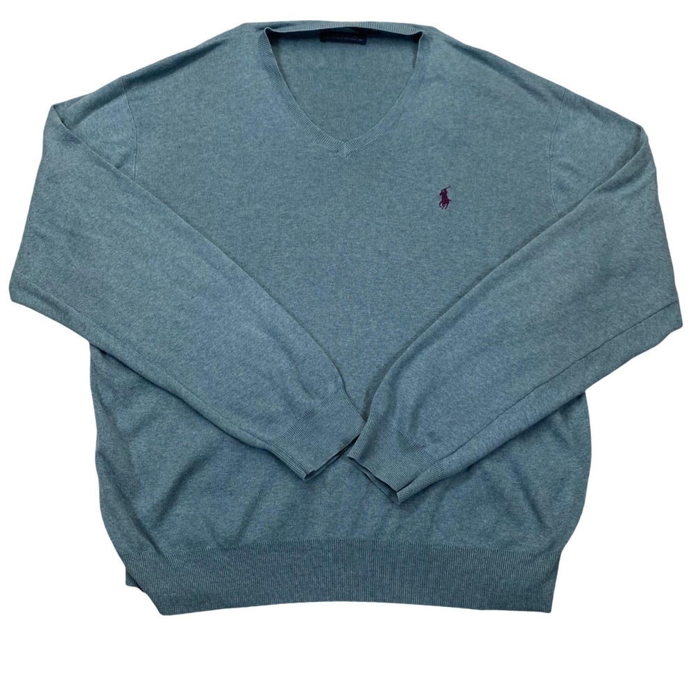 Polo Ralph Lauren V-Neck Sweater Mens XL Blue Green‎ 100% Pima Cotton Pony Logo